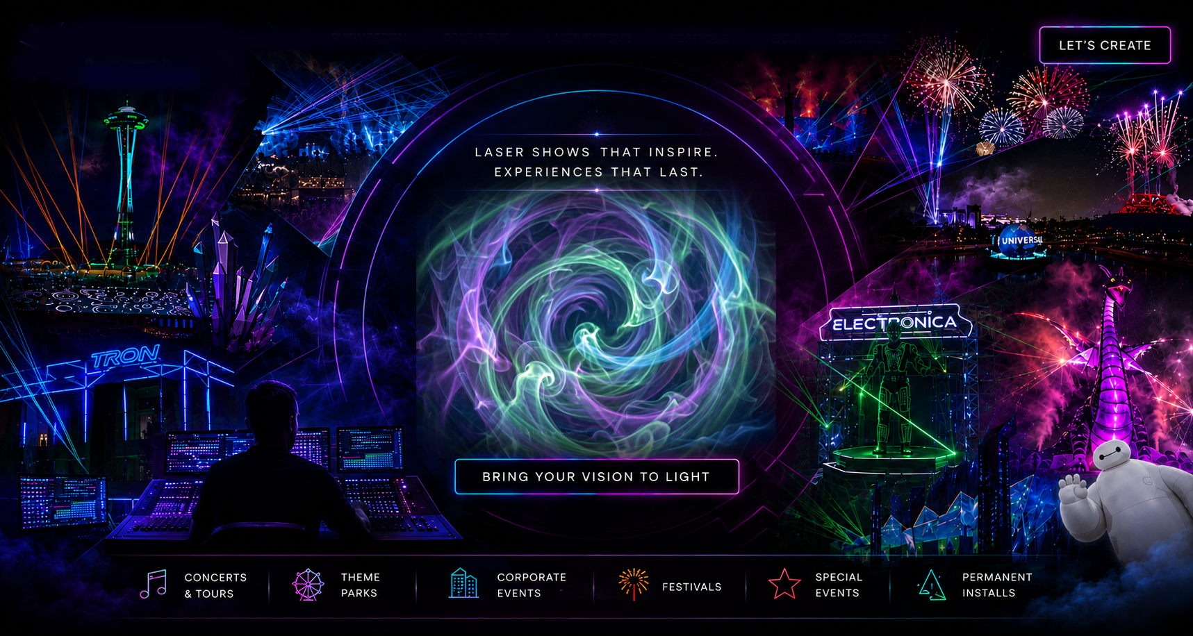 KOHR Productions laser show collage featuring concerts, theme parks, festivals and spectacular laser installations