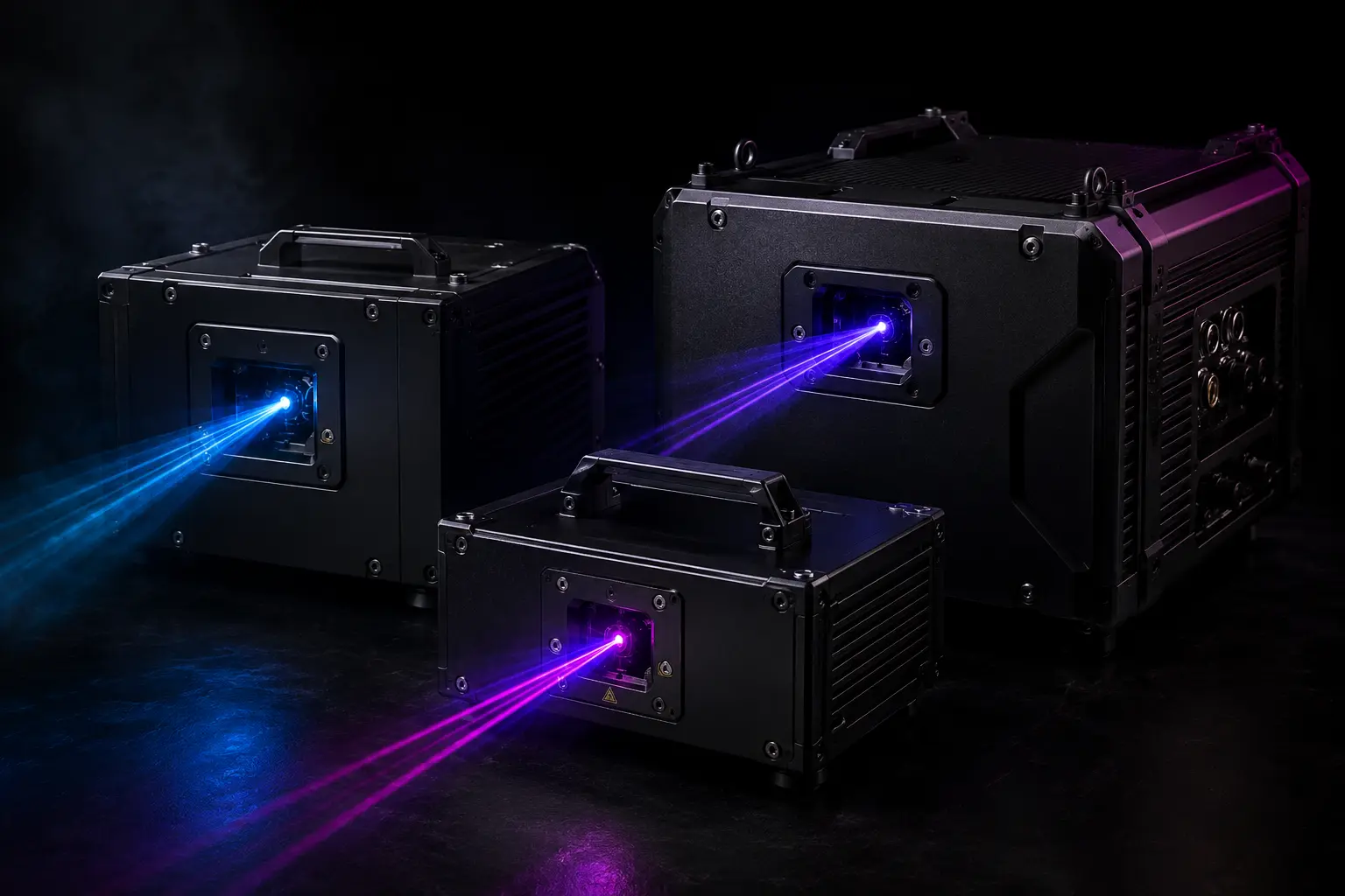 Precision black laser system hardware emitting cyan and magenta beams